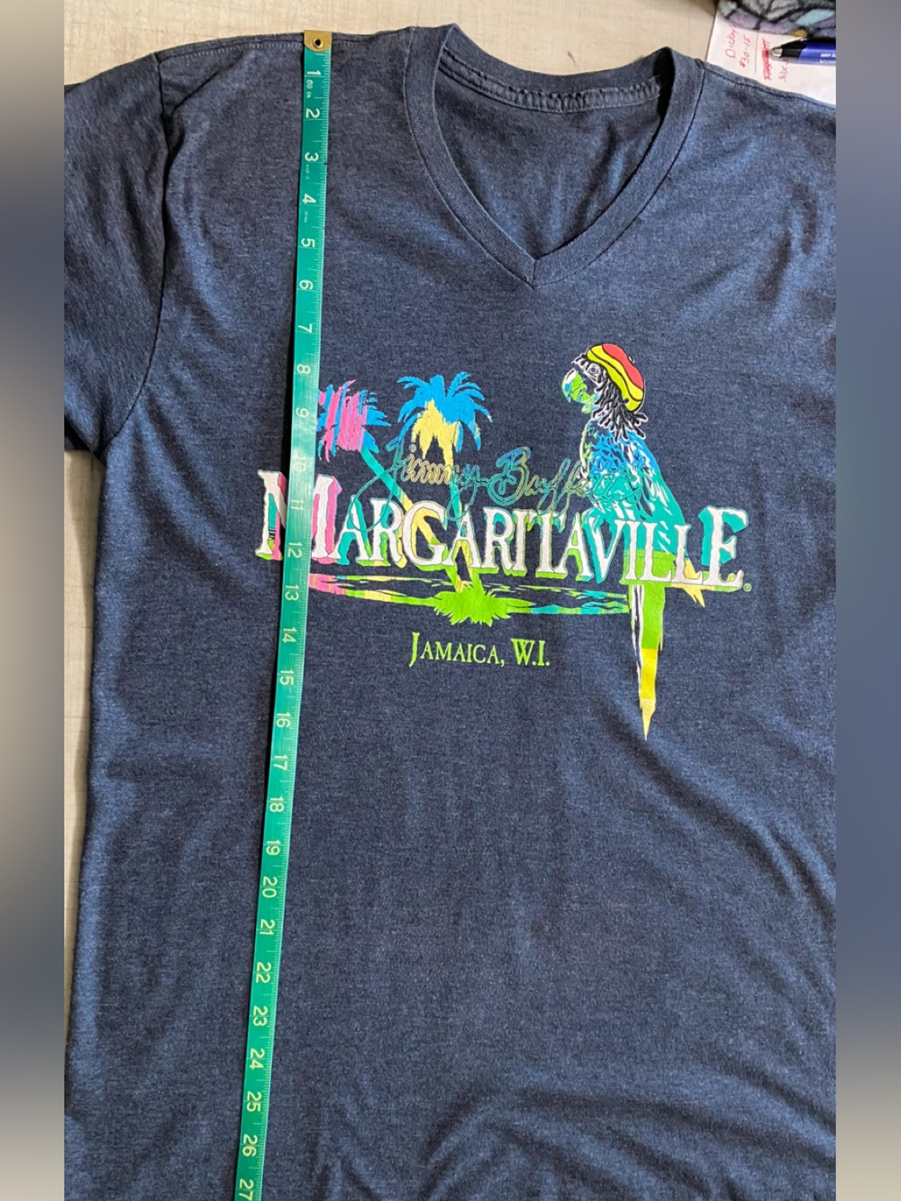 Jimmy Buffett Margaritaville gray V-Neck Tee with Neon Parrot Graphic - Picture 6 of 6